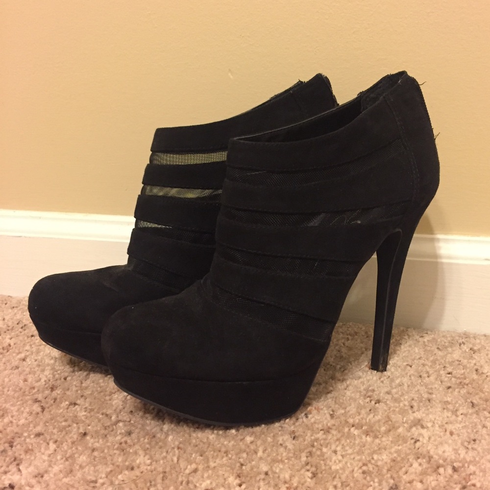 Black stiletto booties with mesh detail